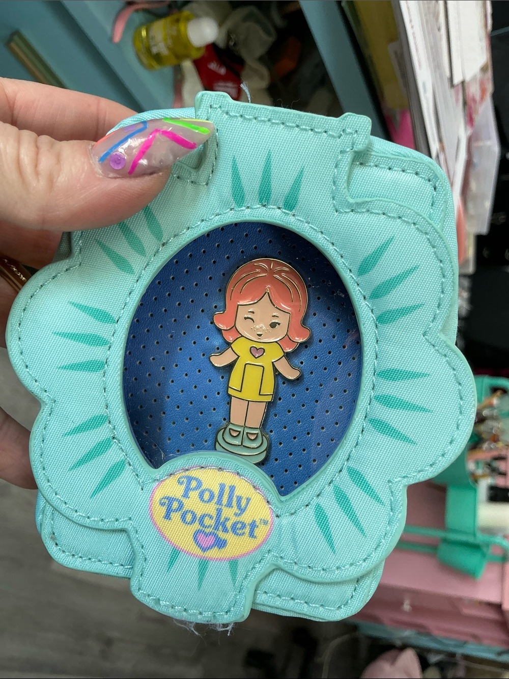 POLLY POCKET BLIND ENAMEL PIN & MINI ITA BAG CHARMS-Opened teal bag red head pin